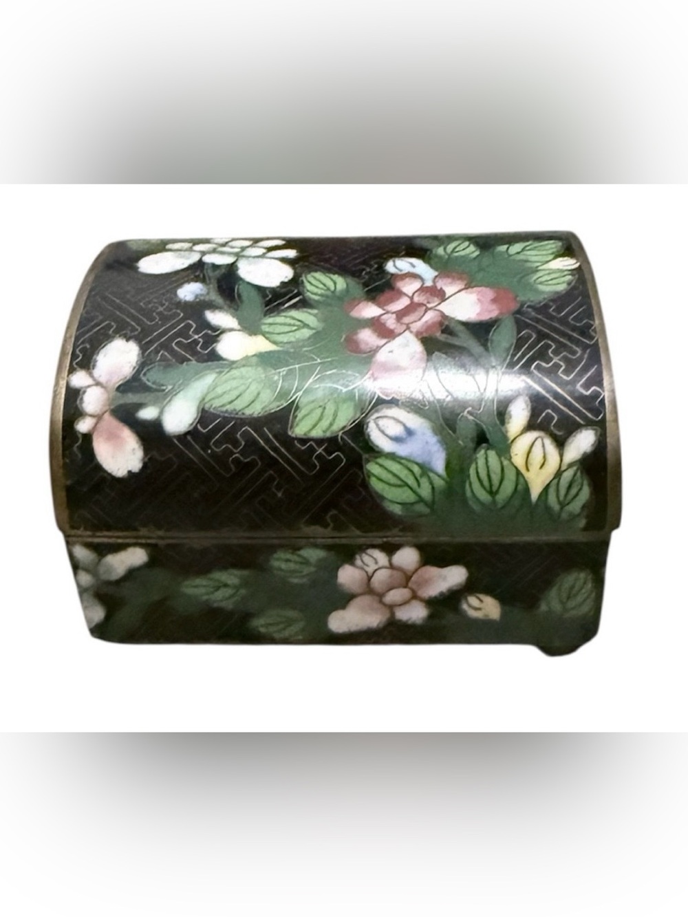 Vintage rare Chinese Cloisonné enamel inlaid black floral small trinket box